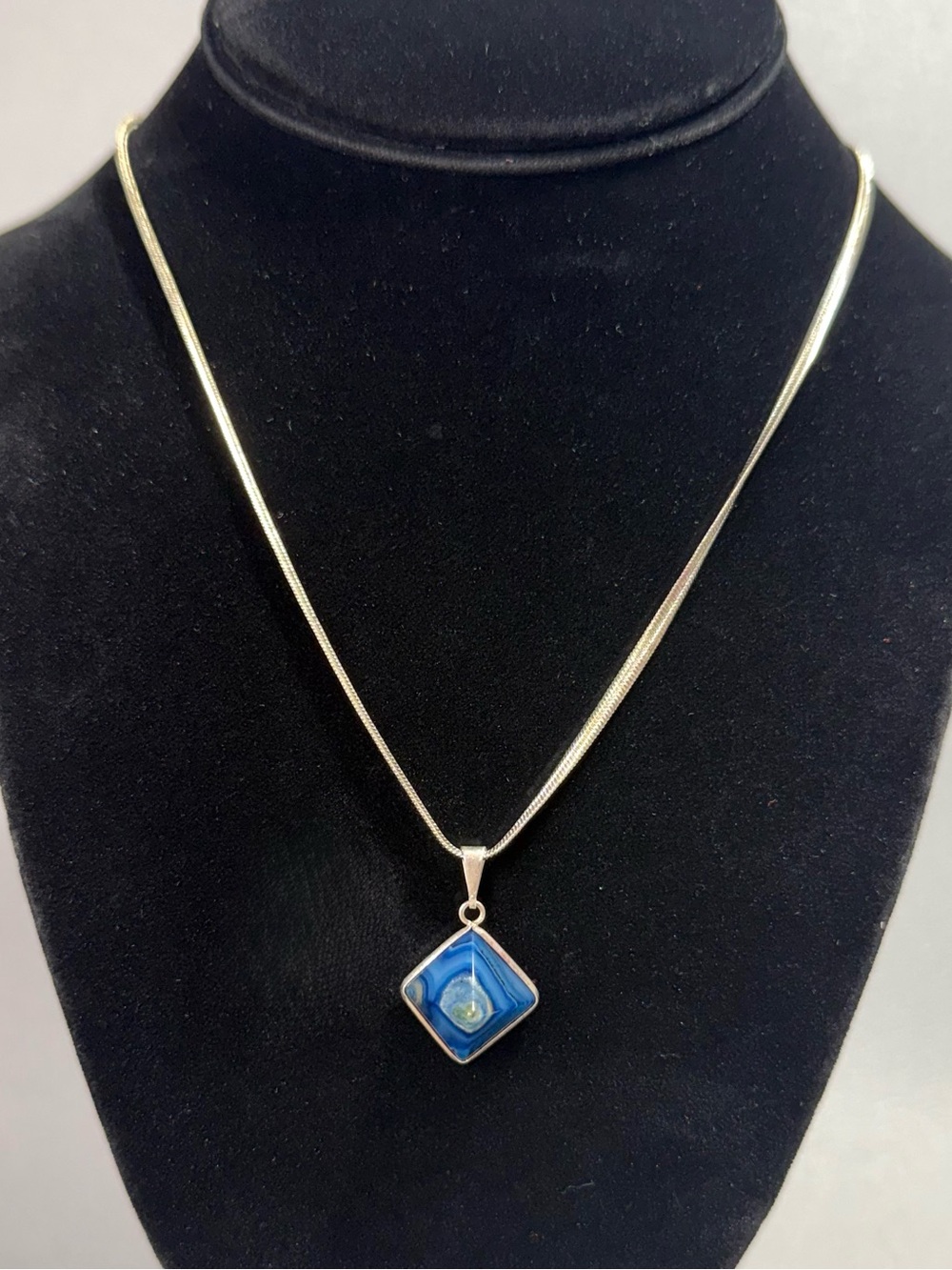 3-D Triangle Blue Banded Agate Gemstone Pendant Necklace